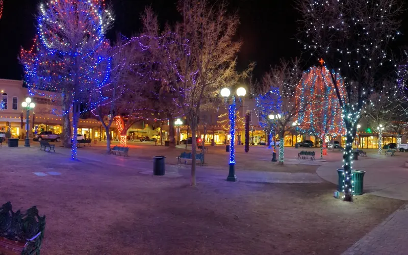 Trees wrapped in colored Christmas lights at Santa Fe Plaza in December 2021