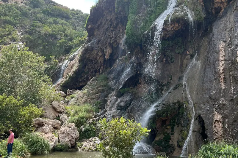 Water cascading down the limestone face of Sitting Bull Falls above a green pool