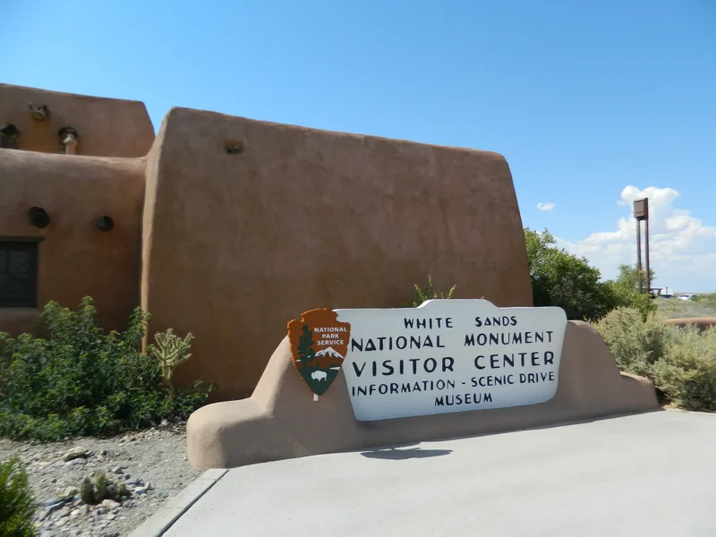 Adobe visitor center at White Sands, with its 2014 National Monument sign