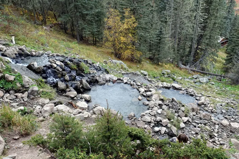 Rock-lined hillside pools at San Antonio Hot Springs in the Jemez Mountains
