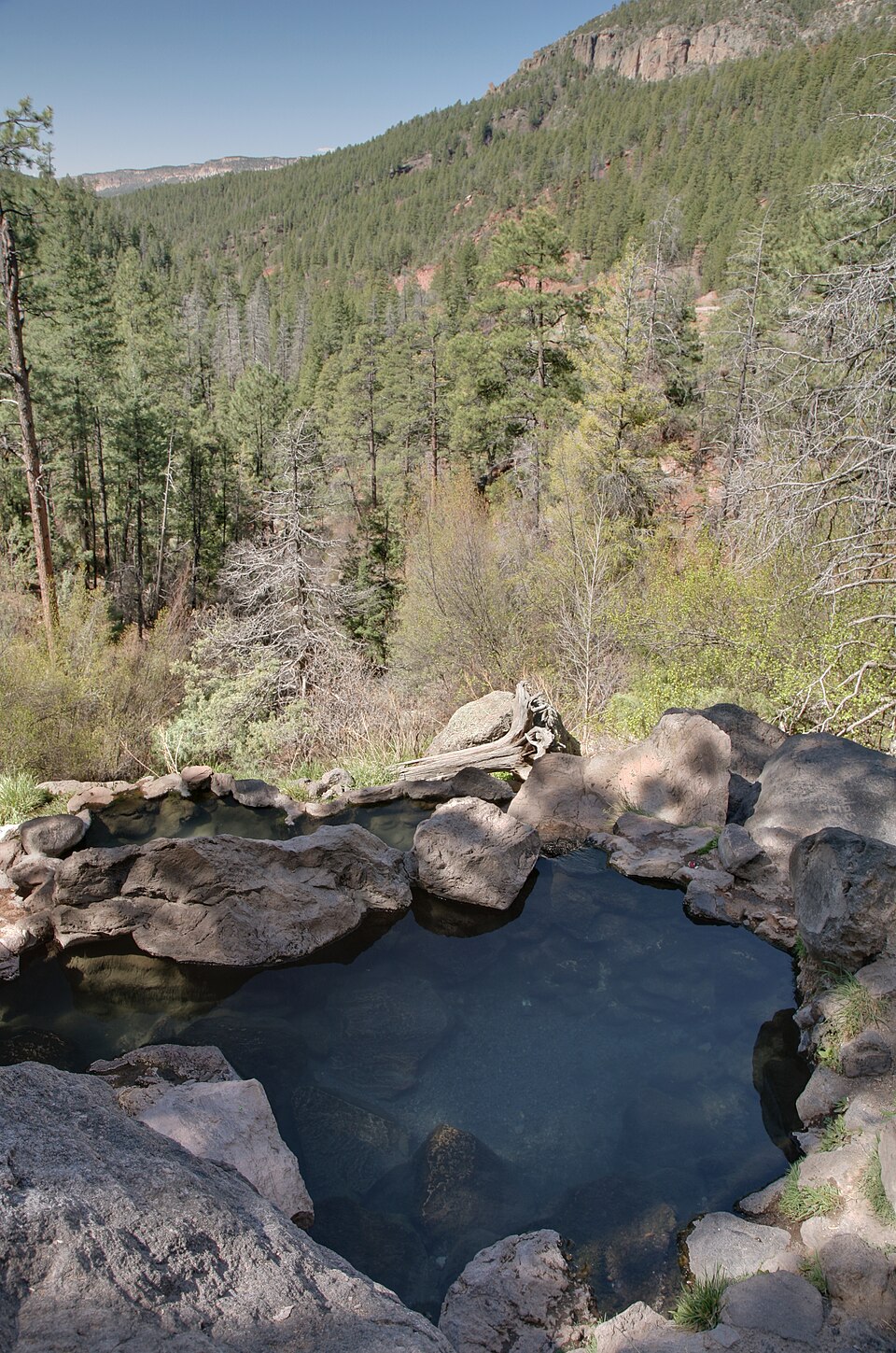 A rock-lined pool at Spence Hot Spring in the Jemez Mountains