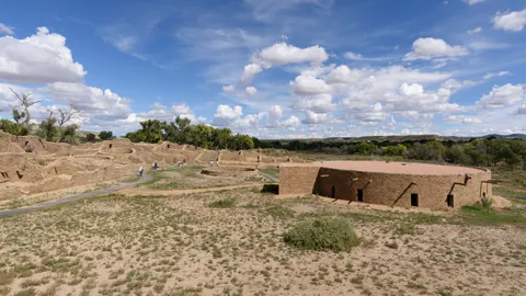 The stone rooms of Aztec West and reconstructed Great Kiva at Aztec Ruins