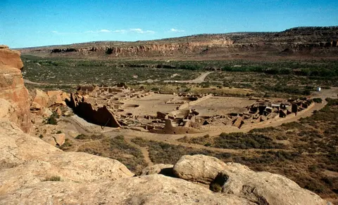 Pueblo Bonito seen from above in Chaco Canyon, photographed in 1982