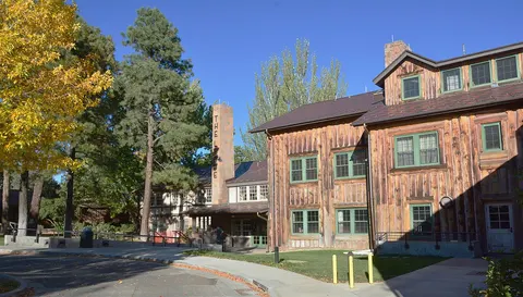 The timber exterior of Fuller Lodge in Los Alamos