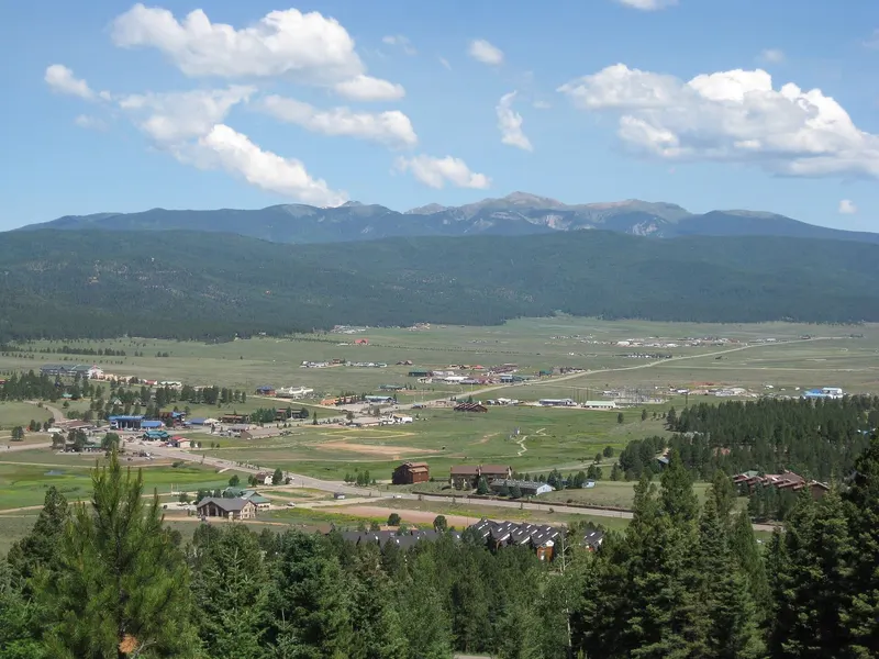 A summer view across the town of Angel Fire and the surrounding valley