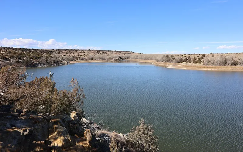 Rocky shoreline and open water at Clayton Lake State Park in February 2026