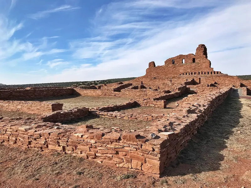 Sandstone walls of the Abó mission at Salinas Pueblo Missions in daylight
